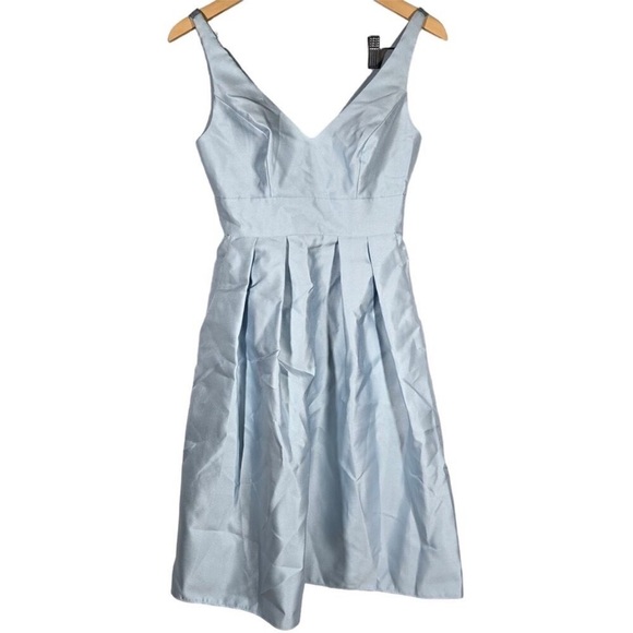 Alfred Sung Satin Twill V-Neck Pleated Skirt Cocktail Dress in Blue Mist D768 0R - Picture 10 of 14